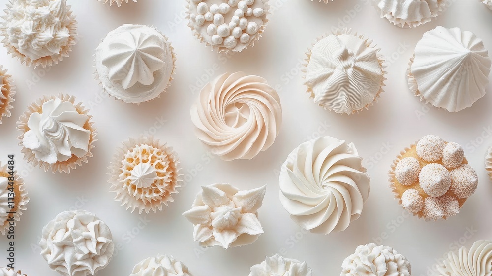 Aerial View of Elegant White Cupcakes with Intricate Icing Designs on a Light Background, Perfect for Celebrations and Dessert Inspiration Aerial View of Elegant White Cupcakes with Intricate Icing Designs on a Light Background, Perfect for Celebrations and Dessert Inspiration