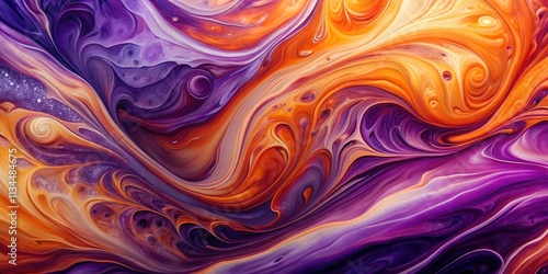 Abstract fluid art with vibrant purple and orange swirls blending gracefully on canvas, fluid art, abstract, vibrant, purple