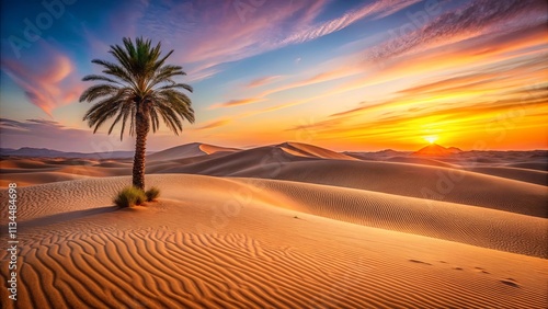 Serene Desert Sunset Palm Tree Silhouette Against Golden Sand Dunes