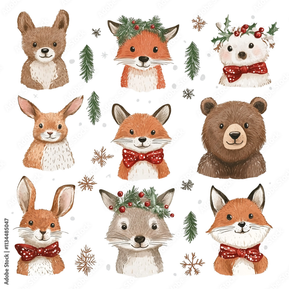 Fototapeta premium Adorable Christmas Woodland Critters: Festive Foxes, Bunnies, and a Bear!