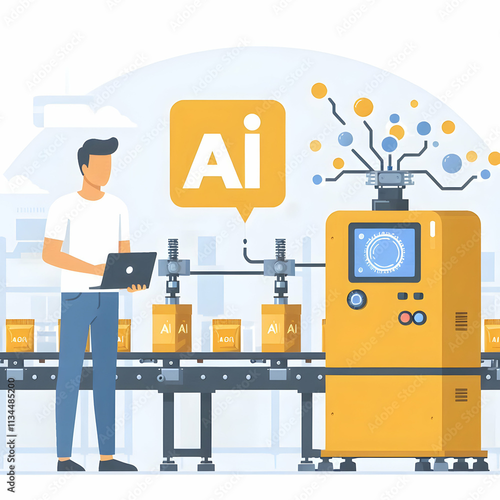 Technician Operating AI Packaging Machine in Manufacturing Facility with Copy Space for Automation and Efficiency Technician Operating AI Packaging Machine in Manufacturing Facility with Copy Space for Automation and Efficiency