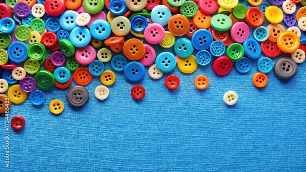 Colorful buttons scattered on vibrant blue fabric, sewing, craft, colorful, colorful buttons, scattered, blue fabric