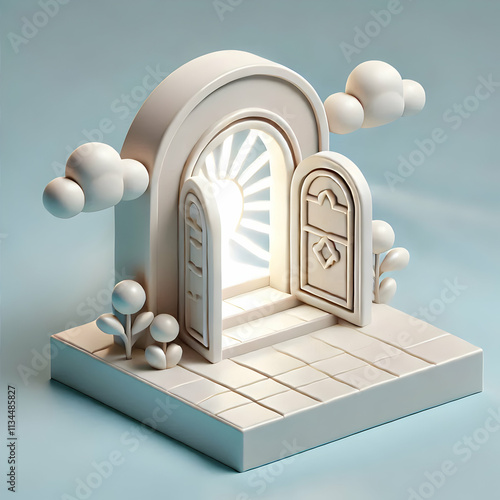 3D Plain background with an open doorway emitting light copy space above. concept as A minimalist image featuring a plain background with an open doorway emitting radiant light symbolizing opportuniti photo