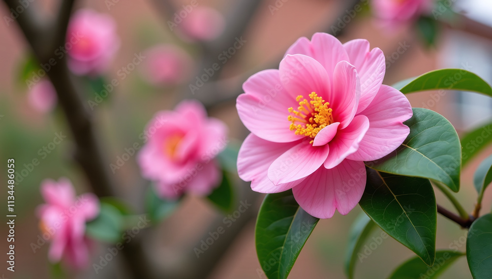 pink formal japanese camellia flowers bloom clusters tall trees outside homes spring pink formal japanese camellia flowers bloom clusters tall trees outside homes spring