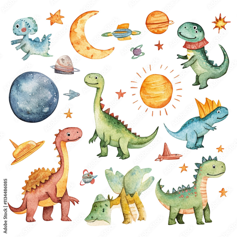 Obraz premium Cute Dinosaurs in Space: A Watercolor Galaxy Adventure