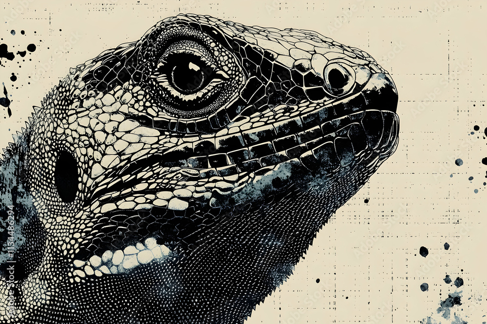 Close-up of a lizard's head, stylized with ink splatters on a textured background. Close-up of a lizard's head, stylized with ink splatters on a textured background.