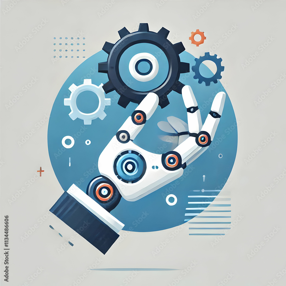 Flat Abstract Robotic Hand Holding Gear with Ample Copy Space for Automation Innovation Design Flat Abstract Robotic Hand Holding Gear with Ample Copy Space for Automation Innovation Design