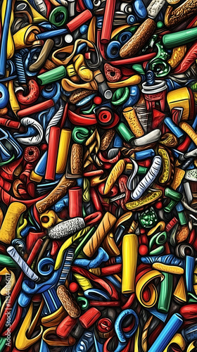 Colorful abstract background with various shapes and objects.