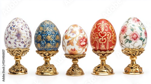 ornate painted eggs on golden stands, on white background