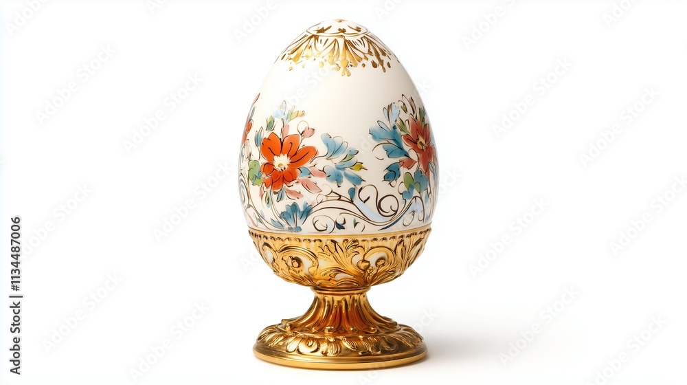 ornate painted eggs on golden stands, on white background ornate painted eggs on golden stands, on white background