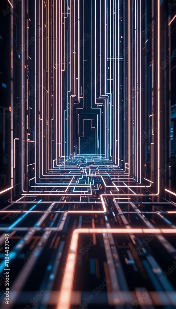 Thin glowing lines forming an abstract maze-like design Thin glowing lines forming an abstract maze-like design