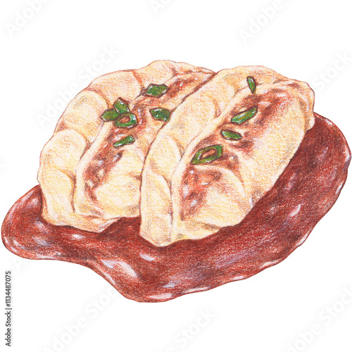 guotie dumplings with crispy bottoms and dipping saue, chinese jiaozi dumpling, dumpling painting with colored pencils photo