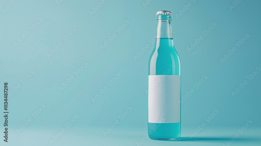 Minimalist beverage bottle with a blank label, placed against a soft blue backdrop Minimalist beverage bottle with a blank label, placed against a soft blue backdrop