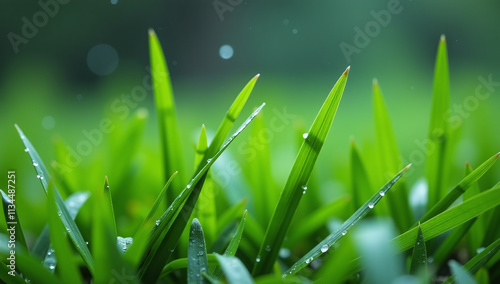 rainy days drop green grass blades slowly downwards due heavy weight inability withstand excess photo