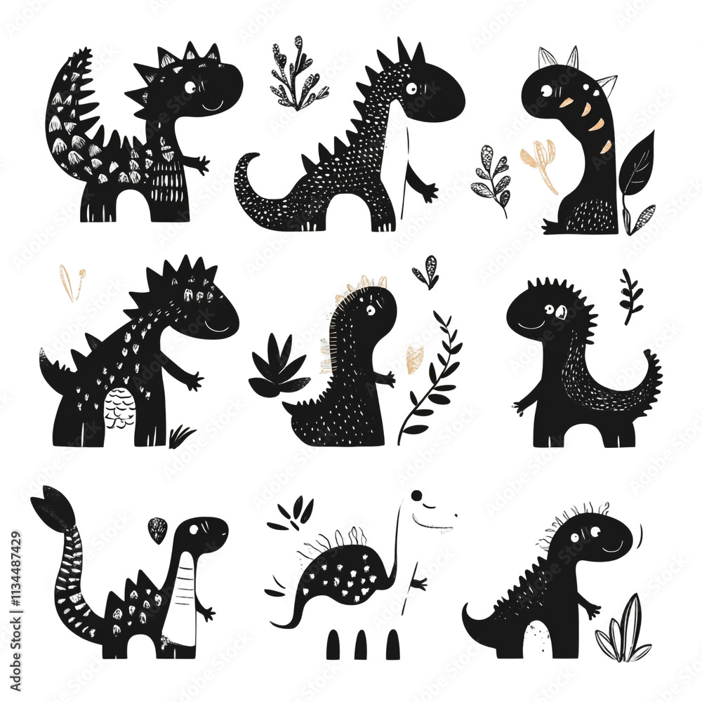 Fototapeta premium Adorable Black and White Dinosaurs Illustration