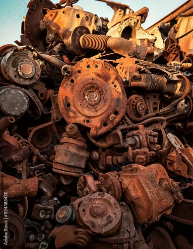 A detailed view of rusted mechanical parts, including gears and industrial components, piled together under natural light, showcasing decay.