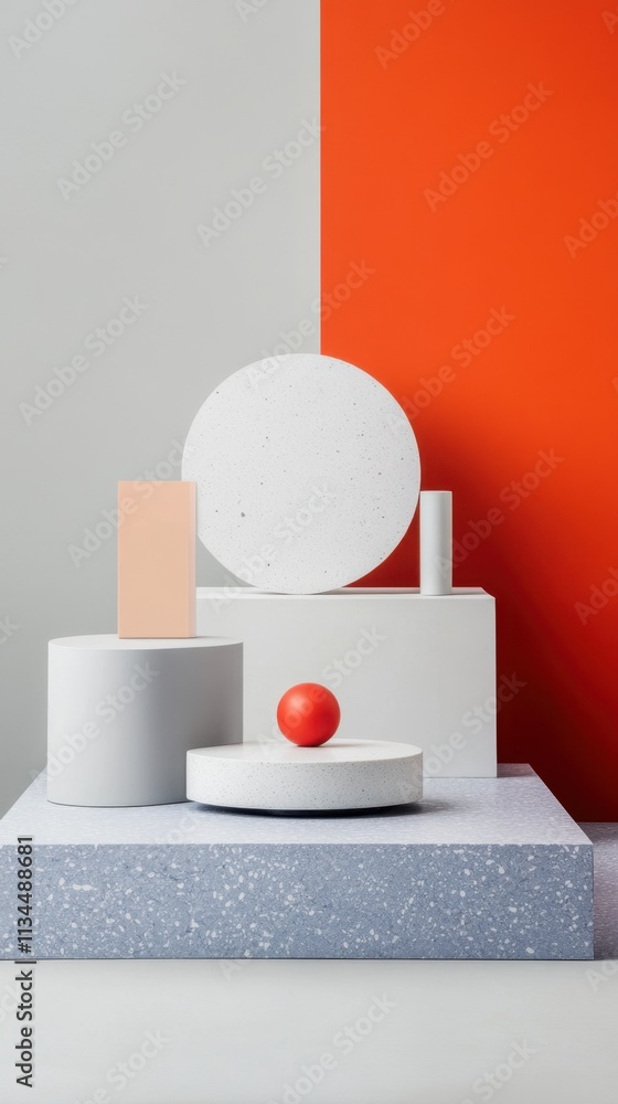 Modern geometric shapes and colorful abstract composition on pedestals Modern geometric shapes and colorful abstract composition on pedestals