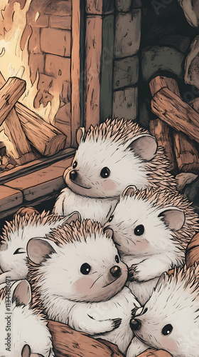 Cute hedgehogs huddled together near a warm fireplace. photo