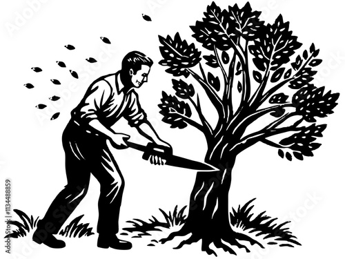 Man Cutting Down Tree: Silhouette Vector Illustration of Lumberjack Action.