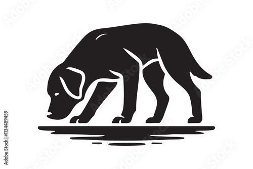 silhouette of a Labrador Retriever sniffing the ground attentively.
