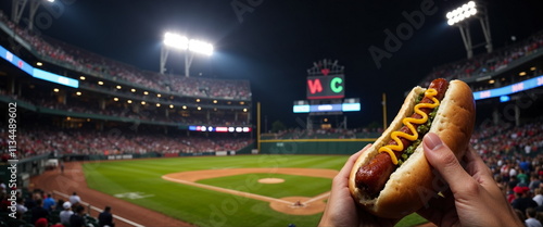 Hot dog at night baseball game in stadium