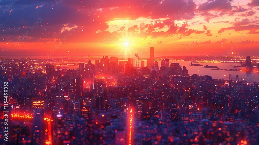 A vibrant sunset over a city skyline, casting warm hues and illuminating the urban landscape. A vibrant sunset over a city skyline, casting warm hues and illuminating the urban landscape.