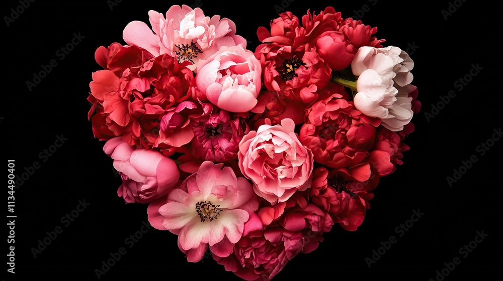 Heart-shaped bouquet of red and pink roses on a black background Heart-shaped bouquet of red and pink roses on a black background