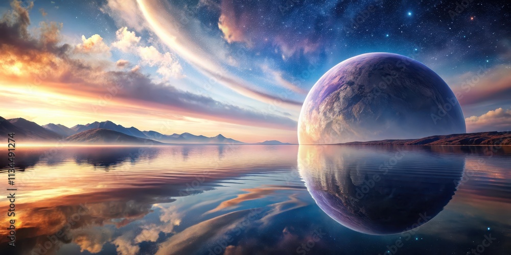 Surreal landscape featuring a distant planet reflected in a body of water, surreal, landscape, distant, planet Surreal landscape featuring a distant planet reflected in a body of water, surreal, landscape, distant, planet
