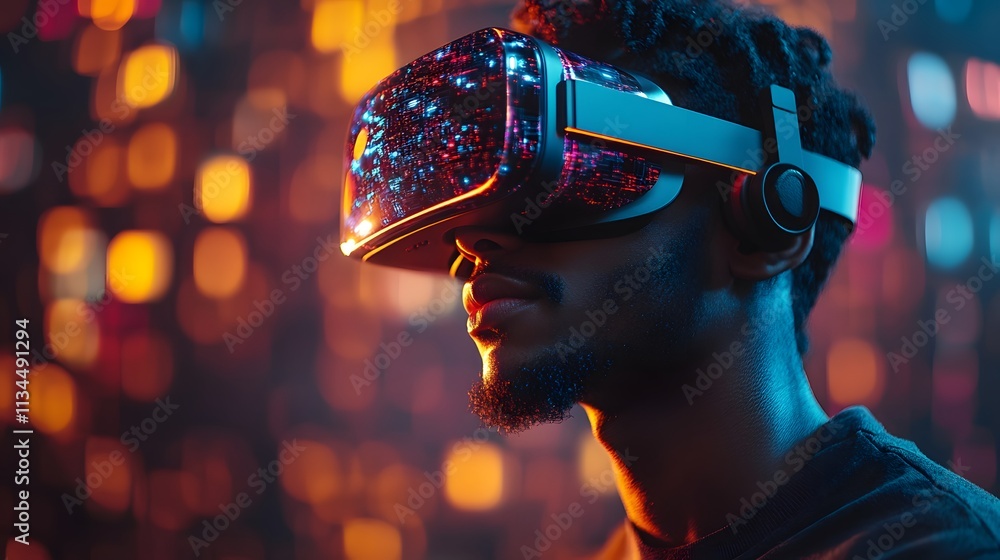 Happy businessman interacting with a virtual world through VR goggles, surrounded by glowing holographic elements Happy businessman interacting with a virtual world through VR goggles, surrounded by glowing holographic elements