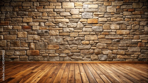 Rustic interior featuring a stone wall and wood floor, rustic, interior, stone wall, wood, floor, design, decor, architecture, vintage