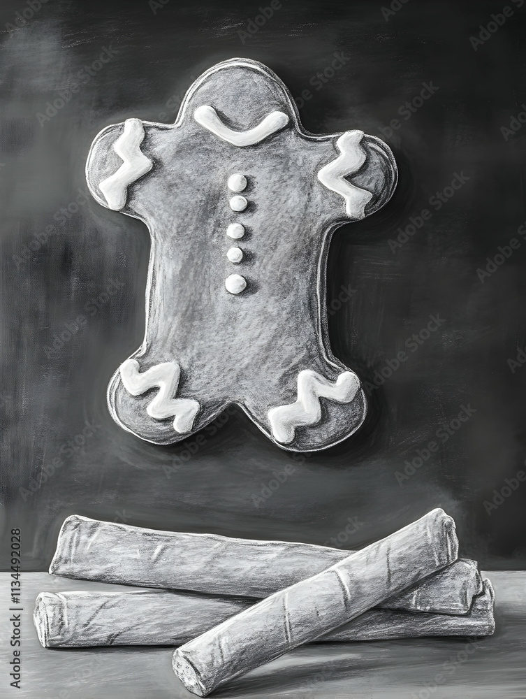 Monochrome gingerbread man cookie on chalkboard with chalk. Monochrome gingerbread man cookie on chalkboard with chalk.
