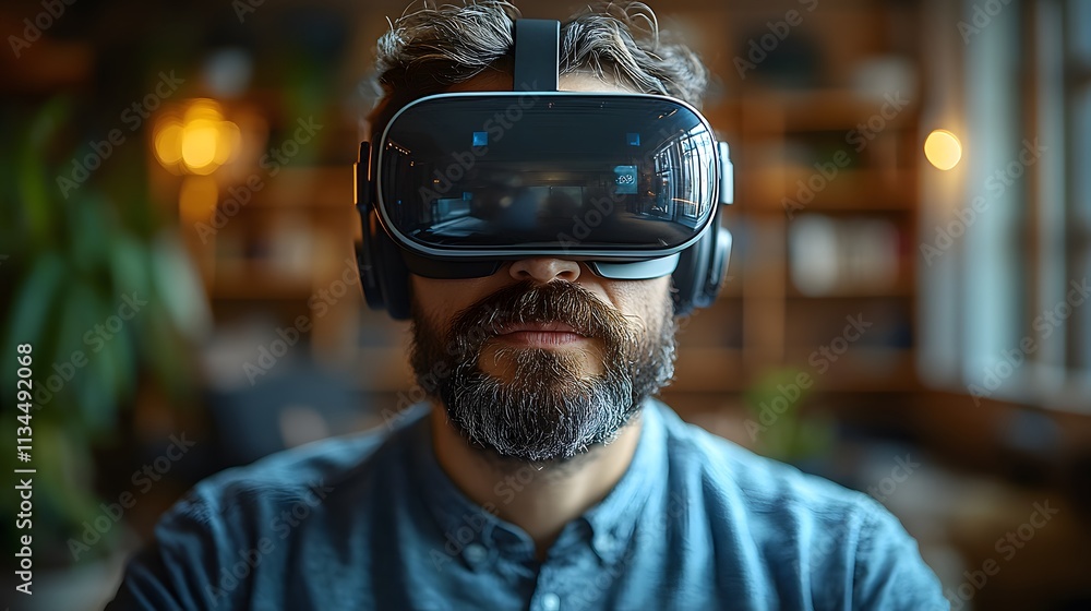 Office scene with a businessman using VR goggles, animated poses as he explores virtual technology Office scene with a businessman using VR goggles, animated poses as he explores virtual technology