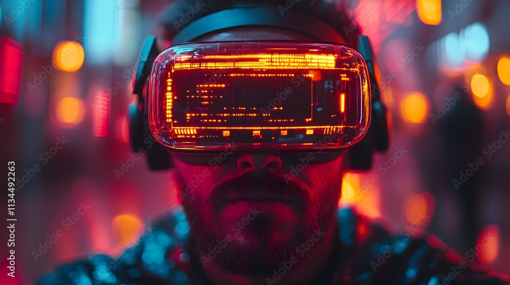 Businessman engaging with a virtual display, futuristic desk setup, glowing neon accents, VR goggles Businessman engaging with a virtual display, futuristic desk setup, glowing neon accents, VR goggles