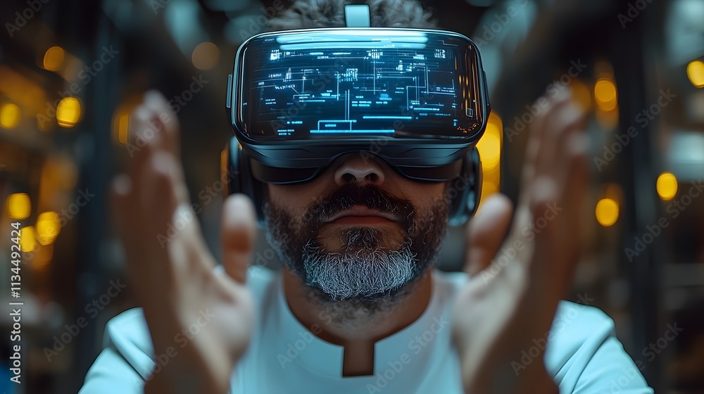 Futuristic office scene with a businessman exploring a virtual reality experience, excited expressions Futuristic office scene with a businessman exploring a virtual reality experience, excited expressions