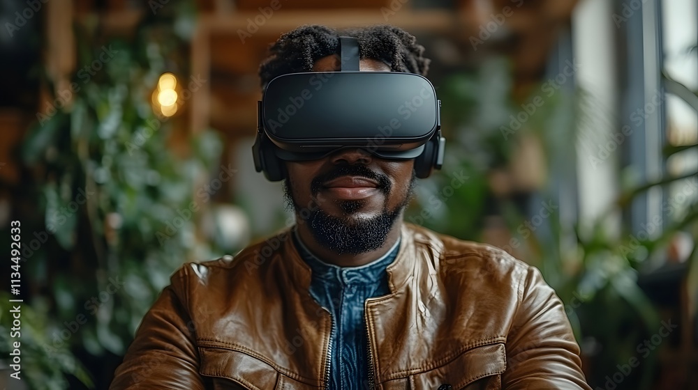 Professional seated in a tech-driven office using VR goggles, making energetic movements in a virtual environment Professional seated in a tech-driven office using VR goggles, making energetic movements in a virtual environment