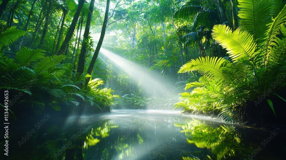 Obraz premium A serene jungle scene with sunlight filtering through trees, illuminating lush greenery and calm waters.