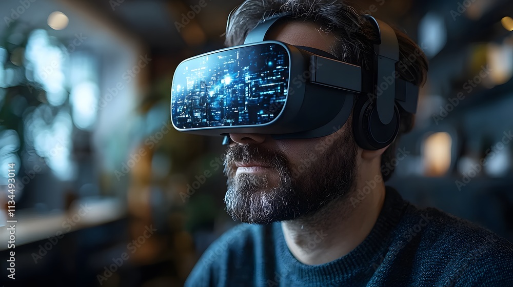 Professional seated at a desk using VR goggles, exploring dynamic virtual elements, modern environment Professional seated at a desk using VR goggles, exploring dynamic virtual elements, modern environment