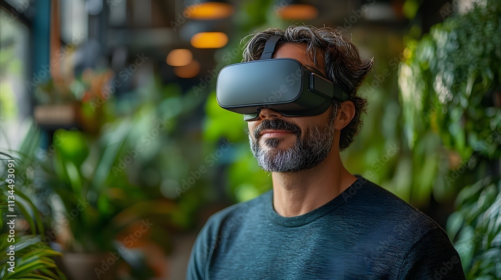 Professional interacting with an unseen virtual world, VR goggles on, dynamic office setup Professional interacting with an unseen virtual world, VR goggles on, dynamic office setup