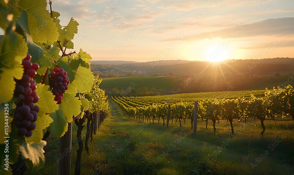 Obraz premium A serene vineyard at sunset with grapes and lush green hills.