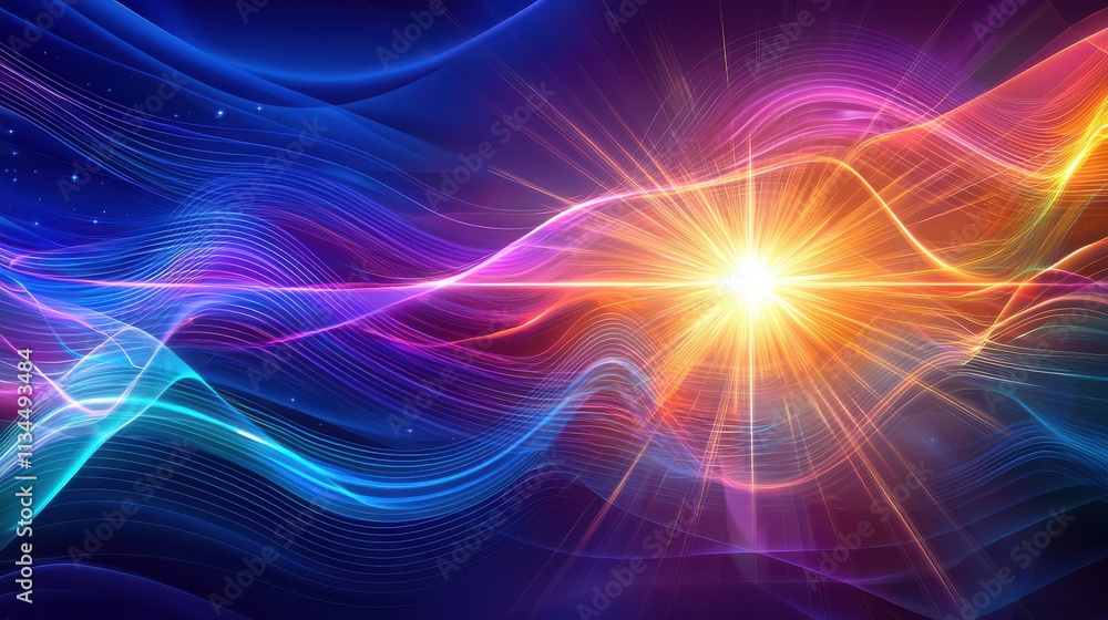 A vibrant abstract design featuring colorful waves of light and a radiant center, evoking energy and motion in a cosmic space. A vibrant abstract design featuring colorful waves of light and a radiant center, evoking energy and motion in a cosmic space.