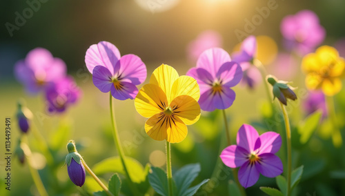 wildflowers including field pansies violets bloom beautifully early morning dew sunlight photo