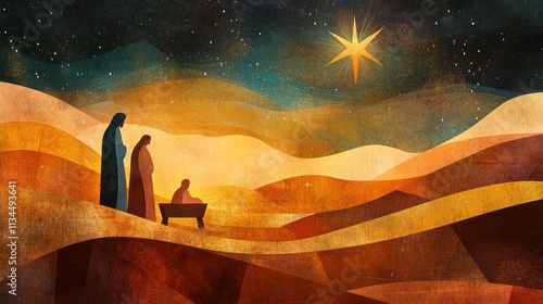 Holy family nativity scene with bright star at night in desert landscape.