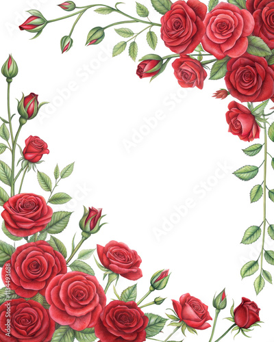 Red roses frame border for text and design with copy space, isolated on a transparent background. PNG cutout or clipping path.