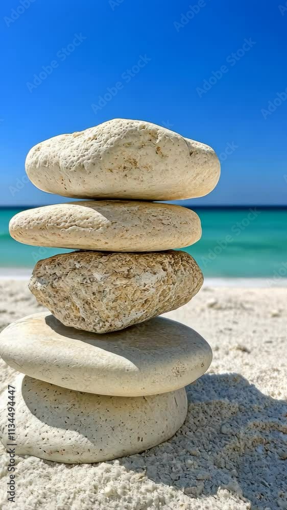 Stacked white stones on a sandy beach under clear blue sky and calm ocean waves Stacked white stones on a sandy beach under clear blue sky and calm ocean waves