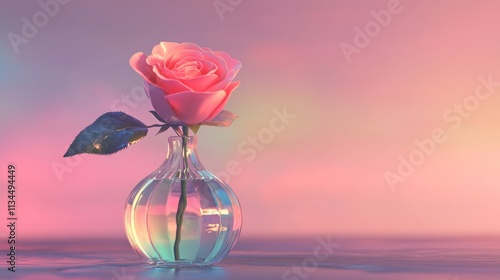 Single pink rose in a glass vase against a pastel sunset background.