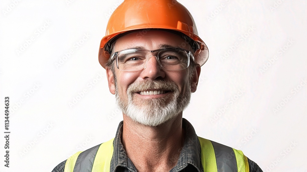Smiling Senior Engineer in Safety Gear with Orange Hard Hat Smiling Senior Engineer in Safety Gear with Orange Hard Hat