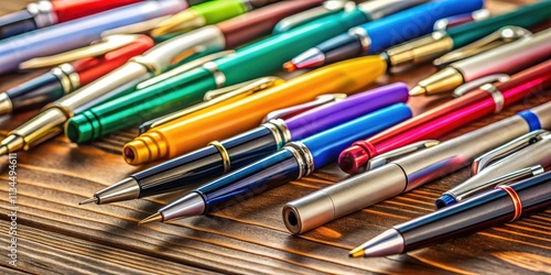 Close up of various pens scattered on a wooden desk, writing, stationary, office supplies, school photo