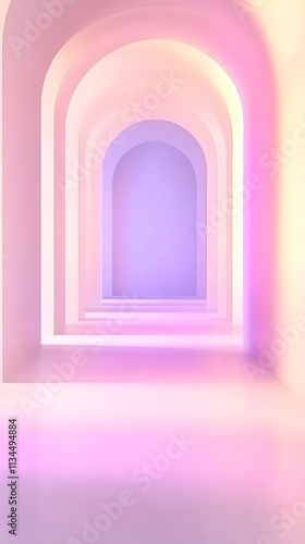 A serene corridor with arched openings, bathed in soft pastel colors and light.