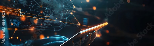 A futuristic healthcare concept featuring digital technology with a tablet and global network connections, changing the healthcare system, set against a dark background. High-resolution photo design.