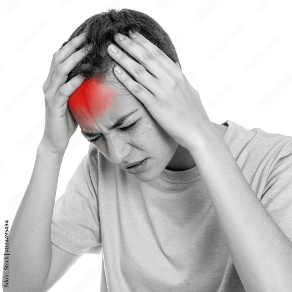 Fototapeta premium A person holding their head with a pained expression on a transparent background